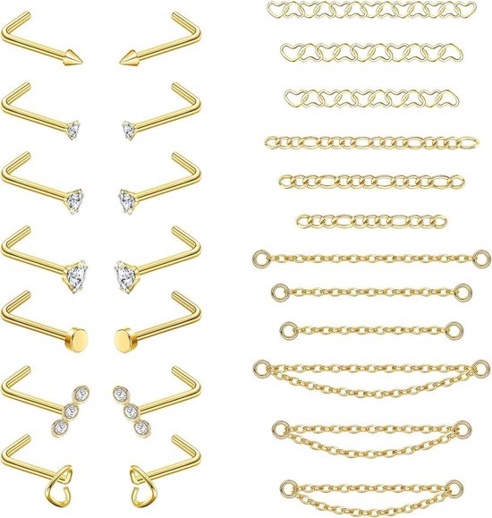 26Pcs 20G Neus Piercing Sieraden - Chirurgisch Staal Studs, Ringen, Ketting Voor Dubbele Piercings - CZ Neus Studs Goud Zilver Voor Vrouwen Mannen