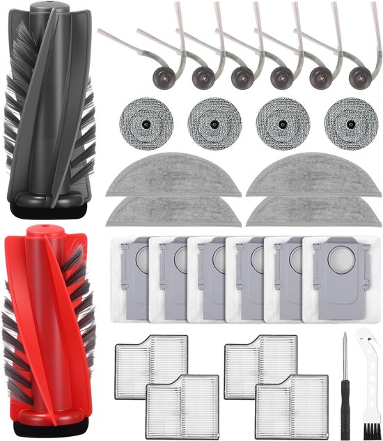 28 stuks accessoires reserveonderdelen voor Roborock Saros 10/G30/S9 MaxV Ultra robotstofzuiger, 2 hoofdborstels, 4 dweilen, 4 zijwisser, 4 HEPA-filters, 6 zijborstels,6 stofzakken,1 reinigingsborstel