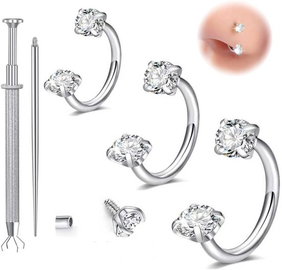 3-delige set 18G neuspiercing paardenhoofd piercing zilver (6mm, 7mm, 8mm) met greepgereedschap & invoernaal - Nostril piercing sieraden van edelstaal