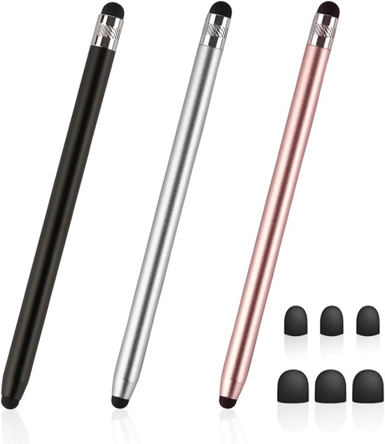 3 dubbele kop touchscreen-pennen, rubberen stift, capacitieve metalen pen, voor tablet en smartphone, zwart, zilver, roze