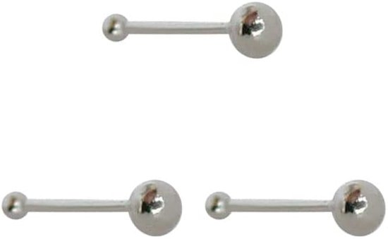 3 korte neuspiercings met kleine bol aan het einde en met kogel van 2 mm zilver, dun met een dikte van 0,6 mm