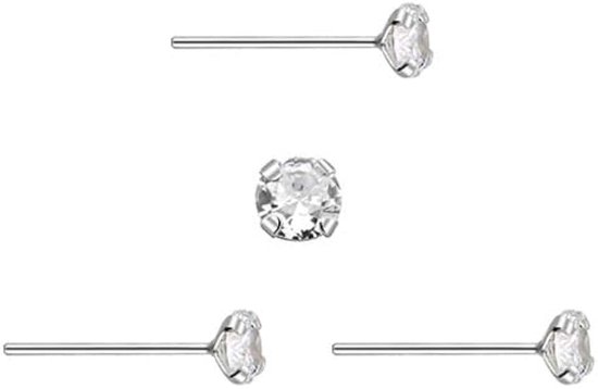 3 neuspiercings, rechte steel, zilver, ronde zirkoniasteen, glanzend, 2,5 mm, fijne steel 0,6 mm, sterling zilver