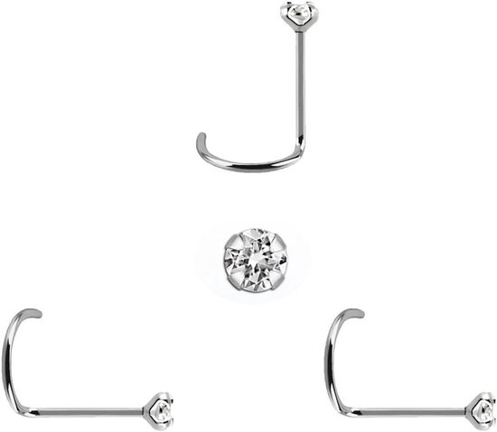 3 neusstekers van sterling zilver met zeer kleine steen van 1 mm, kubische zirkonia met adembenemende glans en gebogen steel, dikte 0,6 mm, lengte 6,5 mm, standaardmaat.
