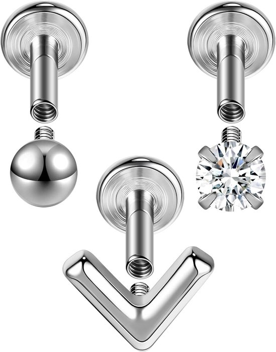 3 Stks G23 Titanium Labret Lip Stud, 16G intern schroefdraad Monroe Medusa Ashley Lip Piercing Sieraden Platte Rug Tragus Helix Kraakbeen Conch Stud Oorbellen voor Vrouwen Mannen