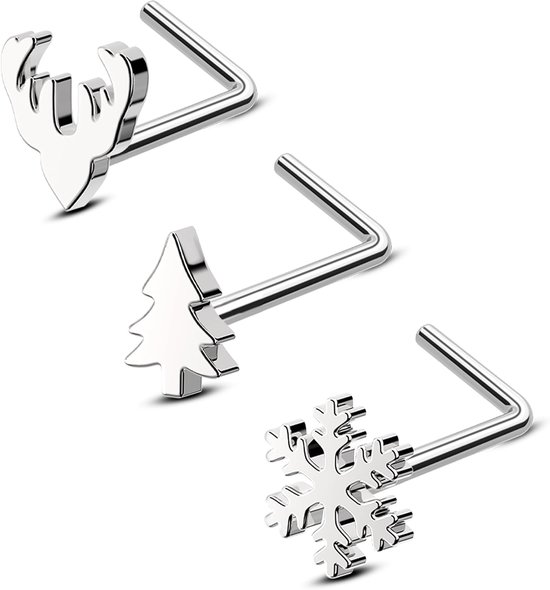 3 STKS Kerst Herten Gewei Boom Sneeuwvlok L Vorm Neus Studs Neus Ringen Neus Schroef 20G Neusgat Neus Piercing Sieraden Voor Vrouwen Mannen, Zirkonia