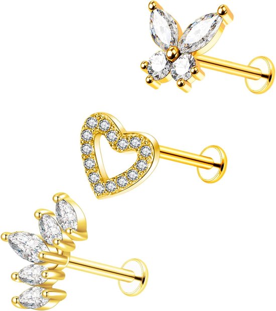 3 stks Platte Terug Helix Tragus Bars Lip Labret Studs Rvs 6Mm 8Mm 10Mm Kraakbeen Oorbel Piercing Bloem Vlinder Sieraden 16G