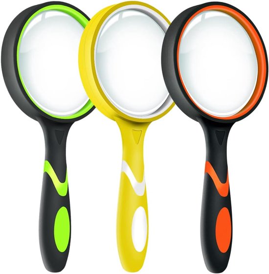 3 stuks 10 x magnifierglas voor kinderen, leesglas, antislip handglas, 75 mm grote magnificerende glazen voor close-werk, insect, wetenschap en hobby-observatie (inclusief tas)
