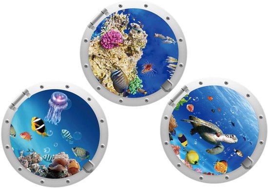 3 stuks 3D-wandtattoo, onderwaterwereld, muurstickers, muurstickers, badkamerfoto's, patrijspoort, oceaan, afbeelding, vissen, sticker, wanddecoratie voor badkamer, slaapkamer, woonkamer,