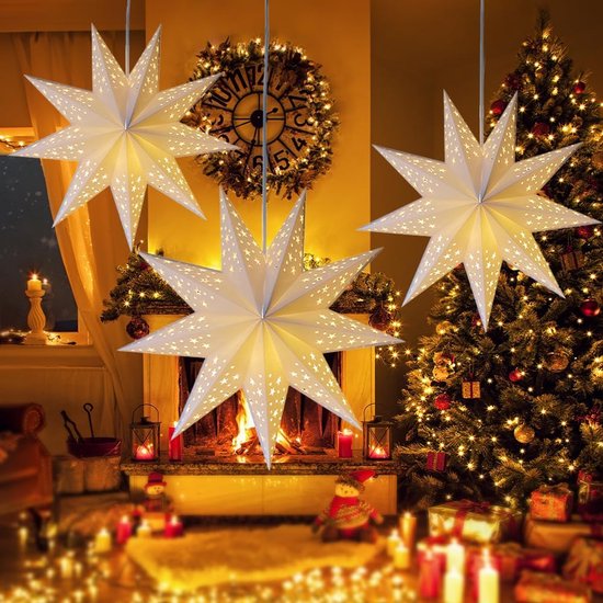 3 stuks 45 cm papieren sterren Kerstmis, lichtgevende sterren, vouwsterren, papieren ster, verlicht om op te hangen, wit, lichtsterren voor ramen