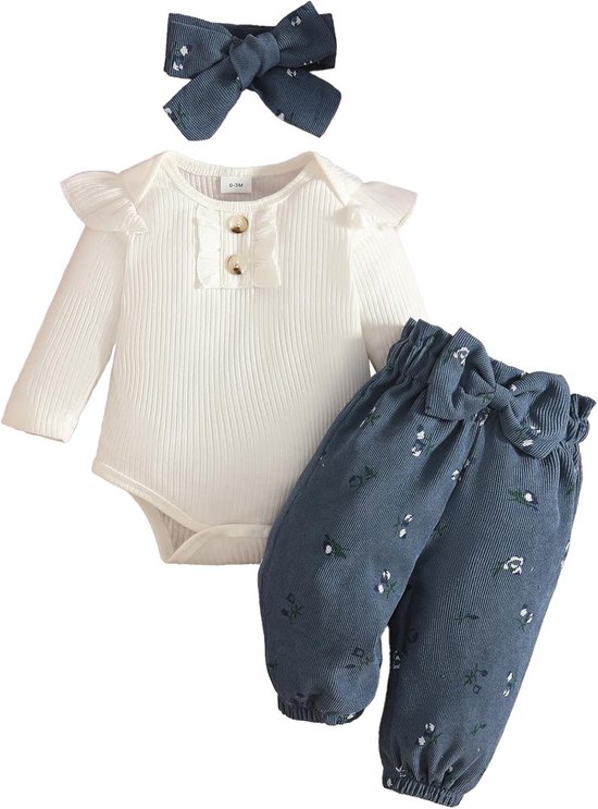 3 stuks babymeisjes herfst winter kleding set kinderen lange mouwen top broek bloemen rompers body + hoofdband