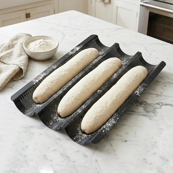 3 stuks baguette-bakvorm, 3 stuks, baguetteplaat, 3 putten, anti-aanbak, baguettevorm voor oven, broodbakvorm voor 3 baguettes, 38,5 x 28,5 cm