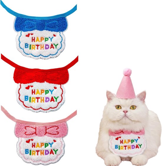 3 stuks bandana verjaardag hond en kat – feestsjaal verstelbaar (blauw, roze, rood) – kostuumaccessoires voor kleine honden en kittens – decoratie verjaardag dieren 15 x 12 cm