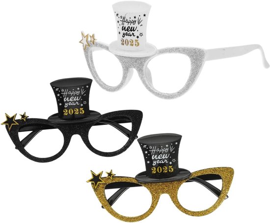 3 Stuks Delige Feestbril met Glinsterende Kattenoogframes in Zilver Goud Zwart Lichtgewicht voor Nieuwjaarsvieringen Fotohokjes Feestdecoratie