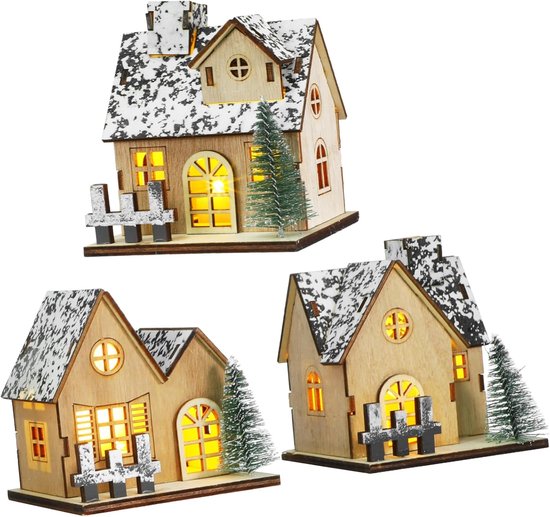 3 Stuks Delige Set Kersthuisjes met Led-verlichting Lichtgevende Decoratie voor Kersttafel Draagbare Aanpasbare Kerstdorp Accessoires voor Feestelijke Sfeerverlichting