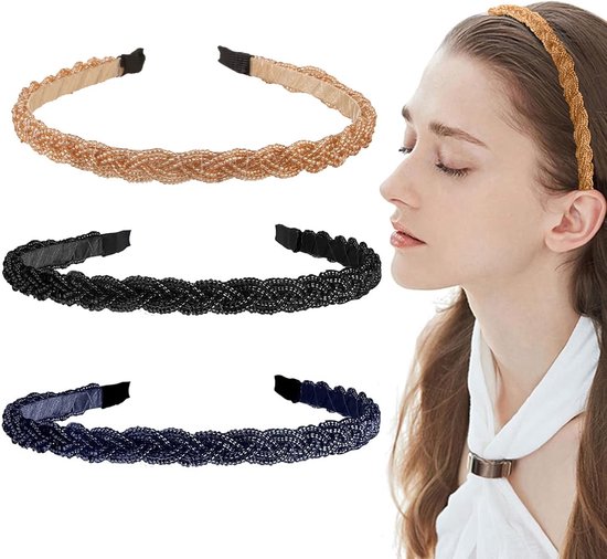 3 stuks gevlochten haaraccessoires voor dames, gevlochten parelhoofdbanden, antislip haarbanden, geschikt voor dagelijks gebruik door meisjes (blauw, zwart, goud)