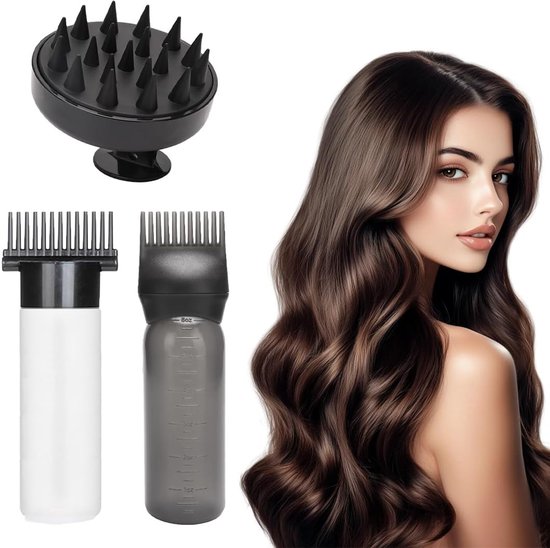 3 stuks haarolie-applicators, hoofdhuid-massageapparaat + verfapplicator, fles met kam voor wortels, massageborstel voor de hoofdhuid voor thuis, haarsalon