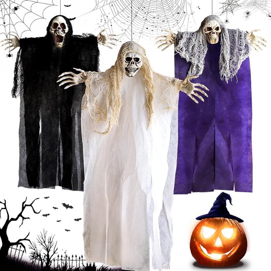 3 stuks Halloween-decoratie, horror, hangend geest, mini-, geestdecoratie met zuignap, verstelbare arm, voor Halloween-decoratie, huisdeur, outdoor, raamdecoratie, deurdecoratie
