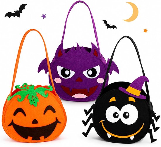 3 stuks Halloween verzameltassen, Halloween draagtassen, trick or treat bag, mand kinderen voor snoep, pompoen emmertas, manden voor feestdecoratie, koekjes, chocolade, kleurrijk