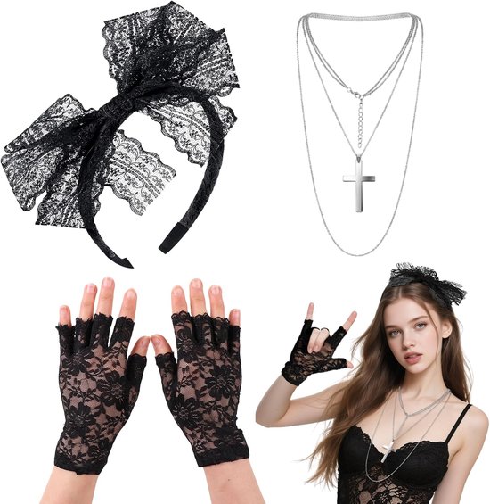 3 stuks jaren 80 verkleedkostuum accessoires, dames accessoires, kanten hoofdband visnet handschoenen ketting, vintage voor retro feest voor vrouwen