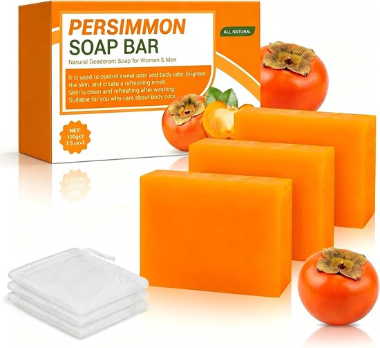 3 stuks Kaki-zeep voor geurbestrijding met groene thee-extract, handgemaakte deodererende zeep voor mannen en vrouwen, diep reinigende gezichts- en lichaamszeep (oranje-a, 100 g (3er Pack))