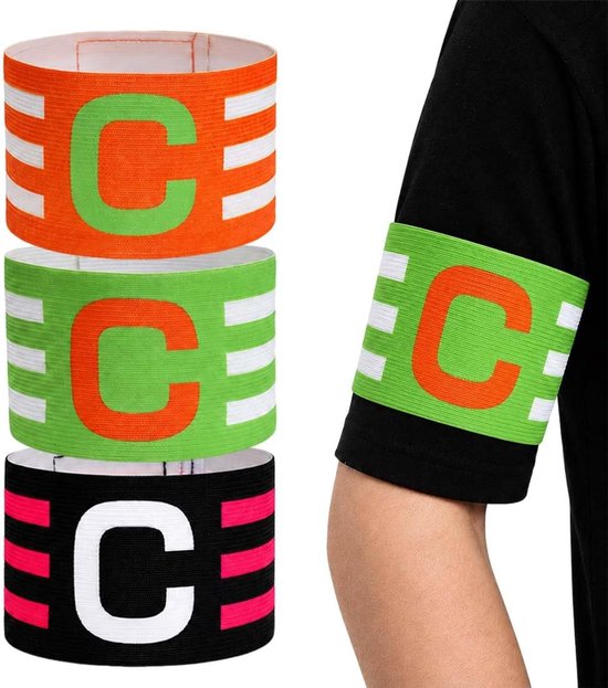 3 stuks kapiteinsbanden voetbal, elastische kapiteinsband met letter C voor volwassenen en jongeren, nylon met klittenbandsluiting (31 x 6,5 cm) in zwart, groen, oranje, voor professionals