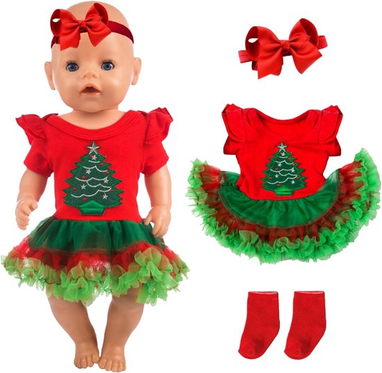 3 stuks kleding-outfits voor baby's van 30-43 cm, poppenkleding, outfits, 1 jurk met kerstboomprint, 1 rode haarband met strik, 1 sokken, verjaardagscadeau voor meisjes