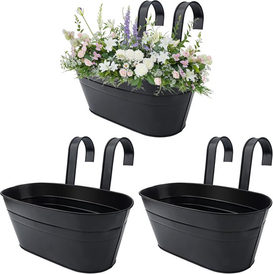 3 stuks metalen hangende bloempotten, 28,5 cm grote plantenpotten, hangende bloemenemmer met afneembare haak voor balkonhek, tuin, woondecoratie (3, zwart)
