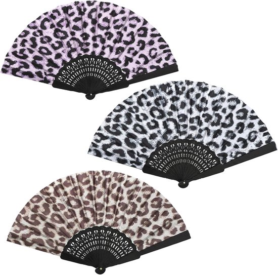 3 stuks opvouwbare waaiers van stof, waaiers met luipaardpatroon (geel, paars, grijsblauw) voor afkoeling in de zomer, feest en strand, ook als wandwaaier te gebruiken
