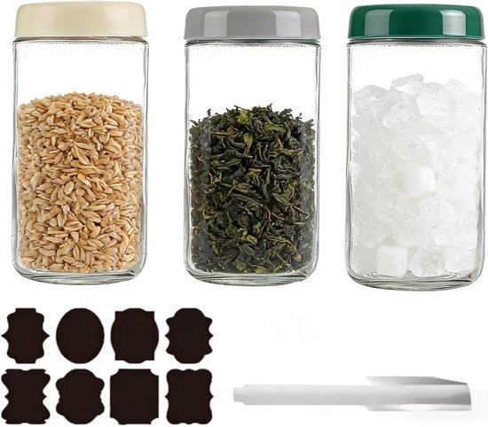 3 stuks Overnight Oats-potten, Overnight Oats-potten met deksel, Meal Prep, Herbruikbare weckpotten voor zelfgemaakte jam, Mason Jar met lepel, Etiket (Veelkleurig, 750ML)