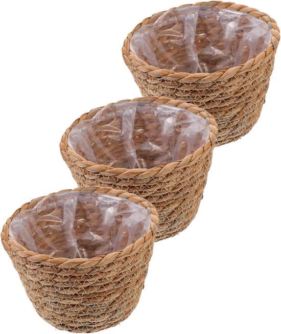 3 Stuks Seagrass Woven Planter Baskets met Plastic Lining Woonstijl Veur Indische Buitenplanten