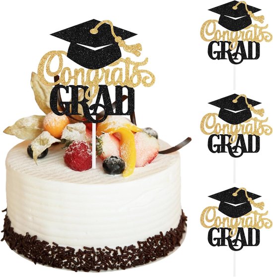 3 stuks taartdecoraties afstuderen gefeliciteerd 2026, afstudeerdecoraties 2026, taartdecoraties afstuderen universiteit zwarte glitter