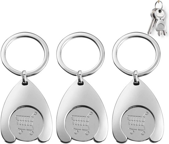 3 stuks winkelwagenmuntje, sleutelhanger, afneembare sleutelhanger met winkelwagenmunt, zilveren winkelwagenchip, metalen winkelwagenmuntje, muntjes voor winkelwagen, muntje, zilver, S