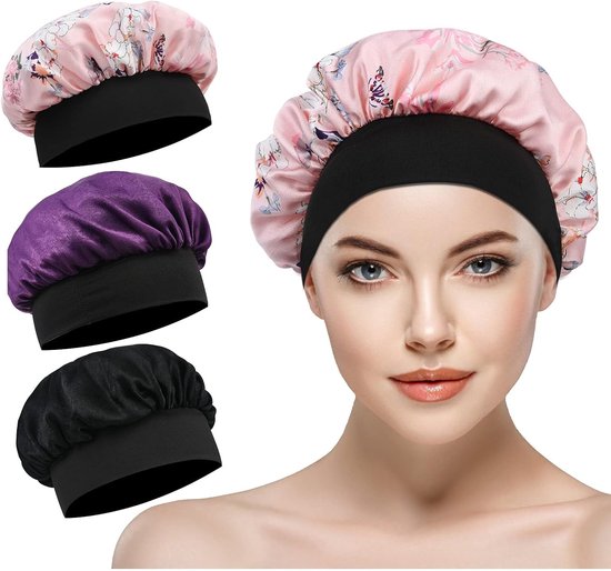 3 stuks zachte satijnen bonnet, haarbonnet om te slapen, brede elastische band satijnen motorkap, zijden bonnet douchemuts, slaaphaarverzorging cap bonnets, nachtslaaphoofdbedekking slaapmuts