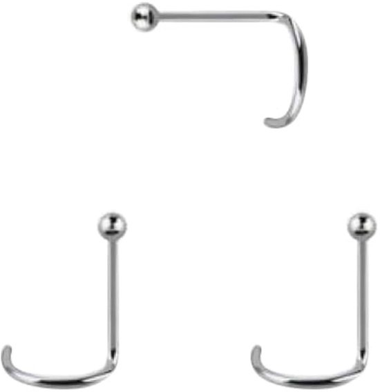 3 x neuspiercing met kleine bol van 1,5 mm en gebogen steel, 925 sterling zilver, dikte 0,6 mm, lengte 6,5 mm.