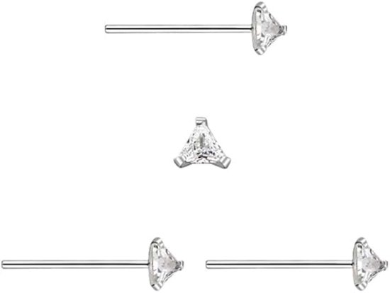 3 x neuspiercing, rechte staaf van zilver, zirkoniasteen in driehoekige vorm, glanzend, 4 mm, dunne staaf 0,6 mm., Sterling zilver
