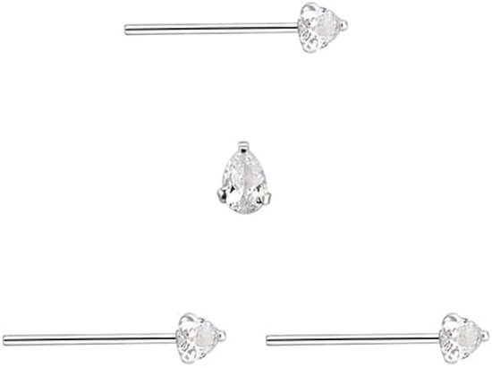 3 x neuspiercing, rechte steel, zirkonia, waterdruppelvorm, glanzend, 3 mm, Sterling zilver