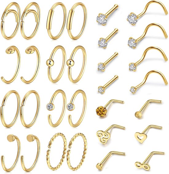 30 Stks 36 Stks 20G Neusringen Set Zilver Goud CZ Bone Schroef L Vormige Neus Studs Pin Tragus Kraakbeen Neus Ring Hoepel Roestvrij Staal Neus Piercing Sieraden voor Vrouwen Mannen, Metaal
