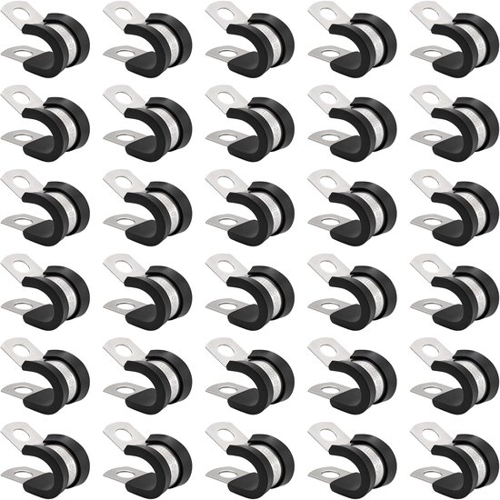 30 stuks buisklemmen, 8 mm, 304 roestvrij staal, rubber P-clips, zwart