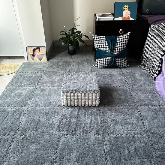 30 stuks Fuzzy 12x12 inch tapijtvierkanten, pluche in elkaar grijpende vloertegels, puzzelstuk vloermat, puzzelmat voor speelkamer, woonkamer, grijs, 0,39 inch