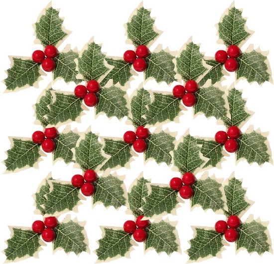 30 stuks kerstsimulatie hulstbessen met groene bladeren, kunstmatige hulstbessen groene bladeren voor bruiloft kerstkrans arrangement, taarttoppers ambachtelijke feestdecoraties, kunstmatig rood fruit