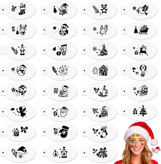 30 stuks kerstsjablonen, herbruikbare gezichtsverfsjablonen, kerstsjablonen, kunststof sjablonen, knutselsjablonen, sjablonenset voor kinderen, feest, vakantie, Kerstmis, make-up