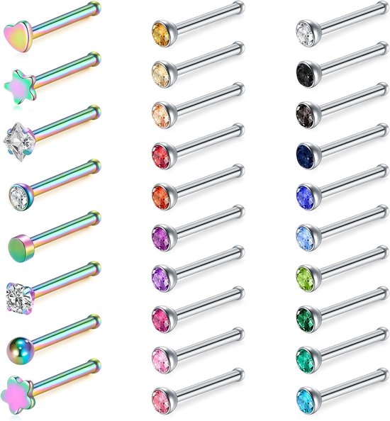 30 stuks rechte neusstekers zilver, 20G neusring stud rechte of L-vormige chirurgische roestvrij staal kleine neus studs pin, kleine neuspiercing sieraden zilveren botschroeven neusstuds voor