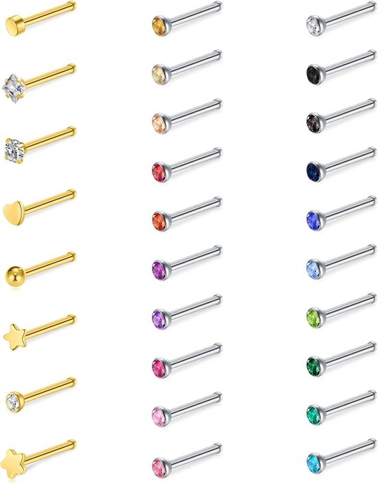 30 stuks rechte neusstekers zilver, 20G neusring stud rechte of L-vormige chirurgische roestvrij staal kleine neus studs pin, kleine neuspiercing sieraden zilveren botschroeven neusstuds voor