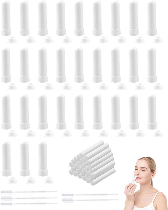 30 stuks Riekstiften voor etherische oliën, Goede hygroscopiciteit Neuzinhalator Stift Riekstiften met Docht Aanvulbare Inhalator Stick, Inhalator Stift, Riekstiften (wit, met druppel)