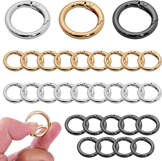 30 stuks ronde veerclips, 25 mm, Ø 17 mm, accessoires voor handtassen, haaknaalden, karabijnhaken of sleutelhangers voor rugzakken, portemonnees, bagageriemen, handwerk (zilver, goud, zwart)