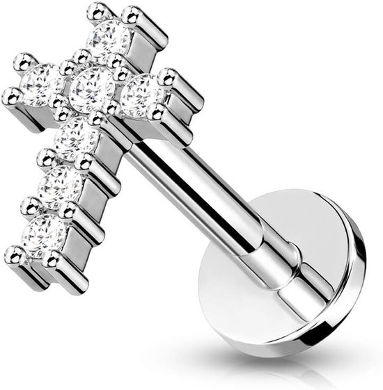 316L roestvrij staal labret monroe tragus helix oorknopjes kruis 6 mm 8 mm zirkonia CZ rose goud zilver dames, Roestvrij staal, Zirkonia,