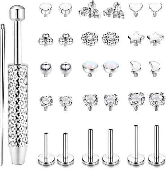 32 Stuks 16G Labret Piercing Sieraden, Chirurgisch Staal Intern Geschroefde Tragus Stud CZ Maan Hart Ster Blad Neus Labret Stud Piercing Sieraden voor Vrouwen Mannen, 6G=1.2MM, Length: 6/8/10mm
