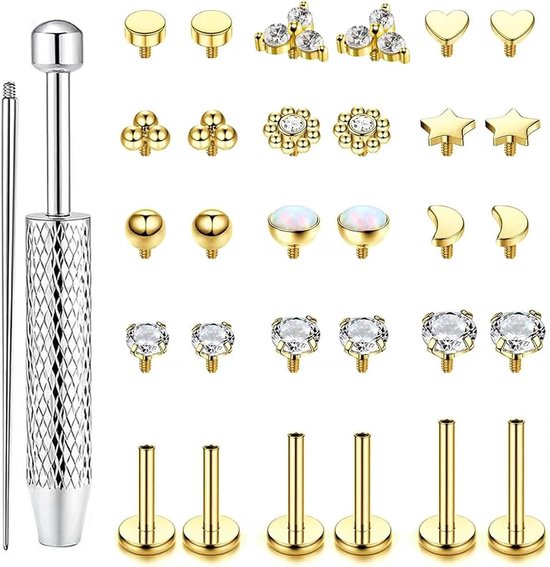 32 stuks 16G Labret piercingsieraden, chirurgisch staal, intern geschroefd, tragus stud, CZ, maan, hart, ster, blad, neus, labret stud, piercingsieraden voor dames en heren, 6G=1.2MM, Length: 6