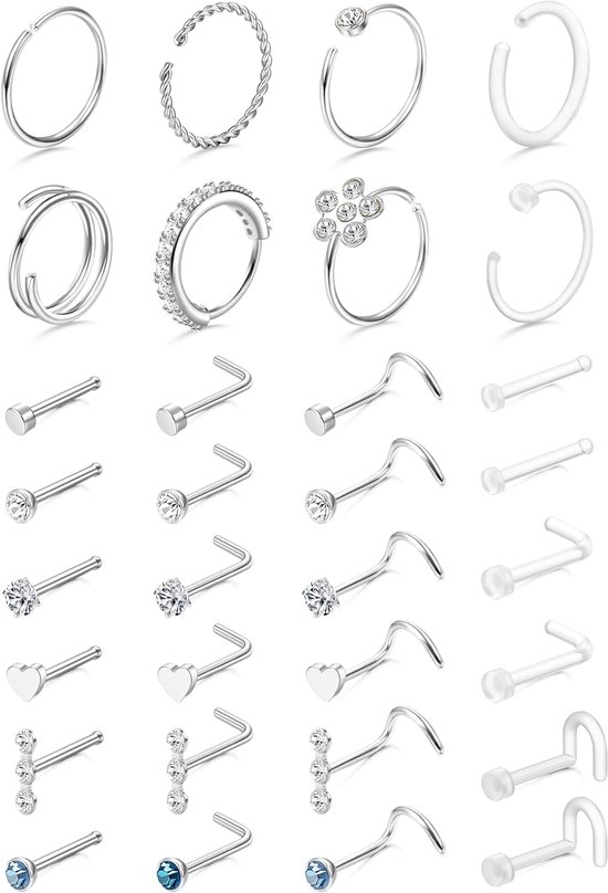 32 stuks neuspiercing, dames, heren, hypoallergeen, goud, 14 karaat, zilver, chirurgisch staal, bioflex, L-vorm, recht, trekstop, piercing, neusring, helix, tragus, sieraden, oor, lichaam, 18