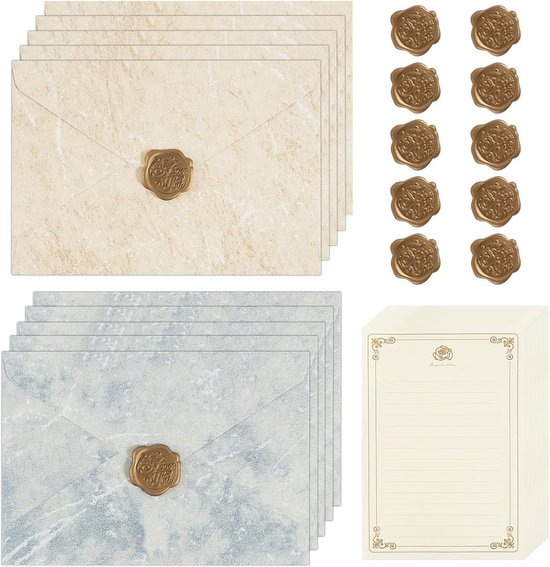 35 stuks briefpapier met envelop, 15 schrijfpapier met 10 enveloppen A5, 10 waszegels, zelfklevend, voor liefdesbrieven, huwelijksuitnodigingen, bedankkaarten, wenskaarten
